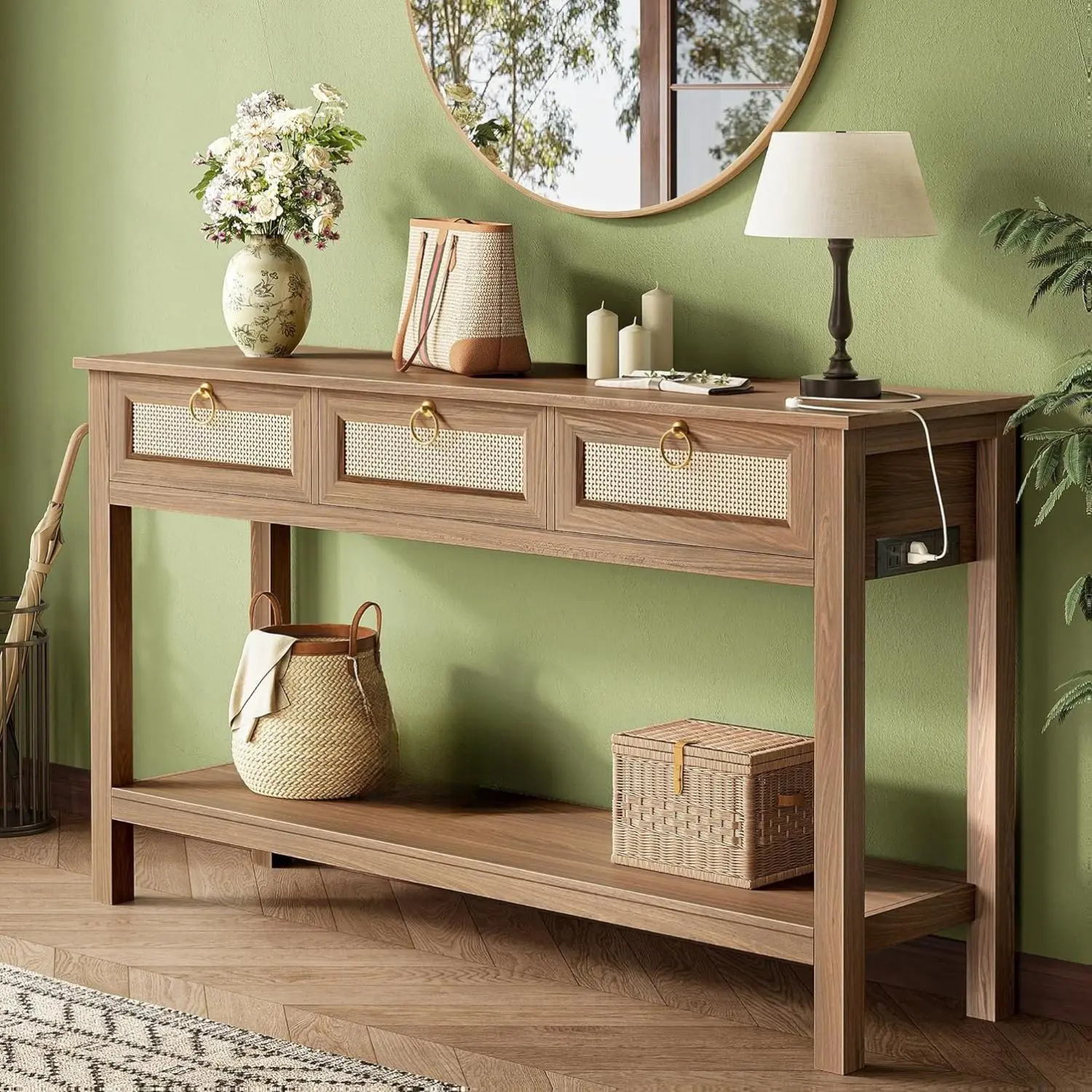SUPERJARE Rattan Console Sofa Table with Outlets and USB-C Port, 3 Drawer Entryway Table with Synthetic Rattan Surface, Open Shelf, Behind Couch Entry Foyer Hallway Storage, Brown