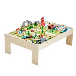 【Father's Day Gift】VEVOR 3-in-1 Wooden Train Table Toy Set Buildings, 120 Multicolor Pieces Kids Activity Table with Collapsible Storage Bin, for Gaming, Drawing, Creative Play for Kids Ages 3+