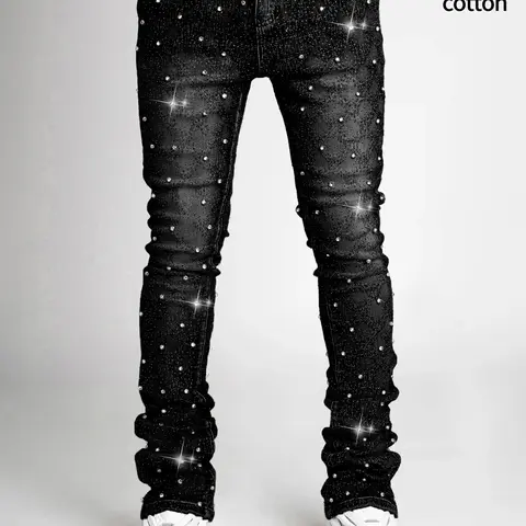 Sparkle Denim Rhinestone Jeans Pants, Denim Trousers, Ombre, High-Waisted Straight Fit, Casual Streetwear Style, Perfect for All Seasons, Comfortable Button Fly Closure, Denim High Rise, Casual Fashion Denim