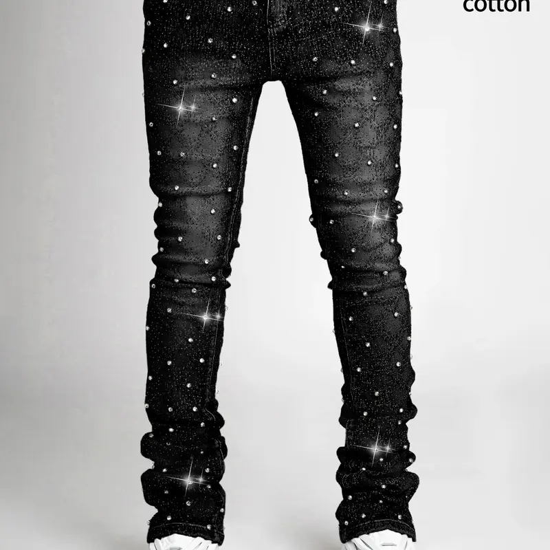 Sparkle Denim Rhinestone Jeans Pants, Denim Trousers, Ombre, High-Waisted Straight Fit, Casual Streetwear Style, Perfect for All Seasons, Comfortable Button Fly Closure, Denim High Rise, Casual Fashion Denim