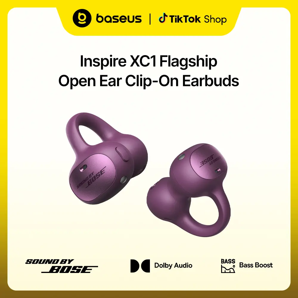 [Holiday Special] Baseus Inspire XC1 Open-Ear Clip-On Wireless Earbuds, Sound by Bose, Dolby Audio, IP66 Water Resistance, 4-Mic Adaptive Clear Calls, Long battery life, Holiday Gift for Him or Her