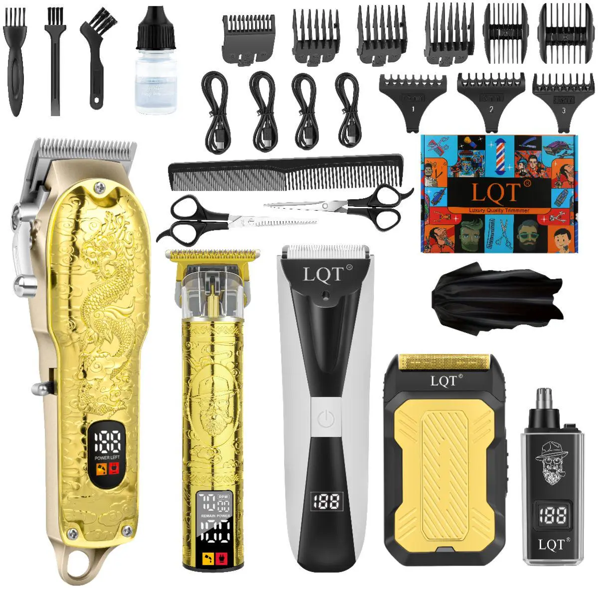LQT Gold 5-in-1 Professional Hair Clippers for Men, Cordless Barber Clippers Set with Hair Clipper, 2 Trimmers, Dual Foil Shaver & Nose Trimmer, Stainless Steel Blades, LED Display, Rechargeable Grooming Kit for Men, Home & Barber Use Hair Clipper