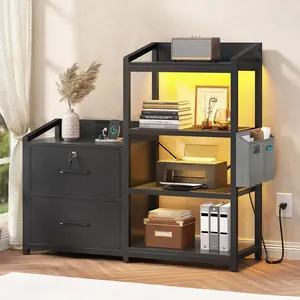 Sedeta 35.4-in Modern Minimalist Commercial Office Filing Cabinet - File Drawer, Storage Drawer Platform, Metal Frame, P2 Wood, Letter/A4 Fit, Lock, Open Shelves, Power Cord, LED Lights Sturdy Computer Desk