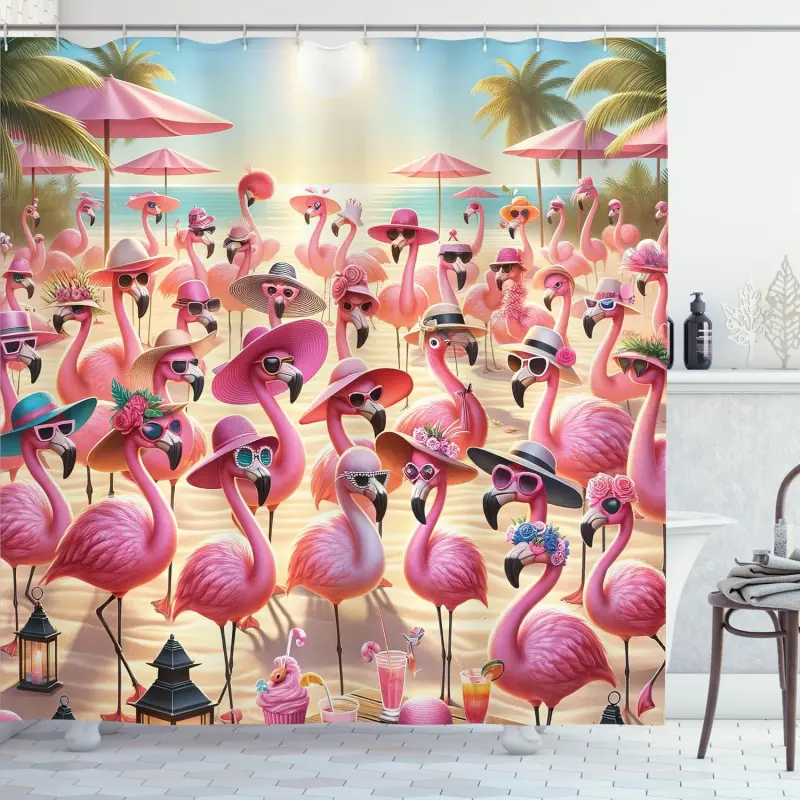Funny Flamingo Shower Curtain, Summer Beach with Tropical Birds with Sunny Hats and Sunglasses, Waterproof Cloth Fabric Bathroom Decor Curtain, Pretty Shower Curtain, Shower Curtain Cute