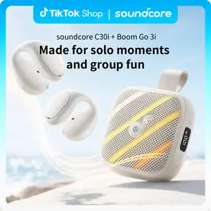 soundcore C30i & Boom Go 3i by Anker, White Audio Set, Open-Ear Clip-On Earbuds and Portable Waterproof Speaker