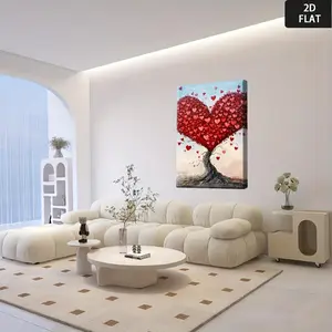 2D Flat, Heart-Shaped Tree with Red Hearts Canvas Wall Art - Minimalist Modern Retro Frameless Wrapped Canvas Painting, Vibrant Red & Beige Heart Leaves on Beige Background, Love-Themed Home Decor for Bedroom, Living Room, Kitchen	