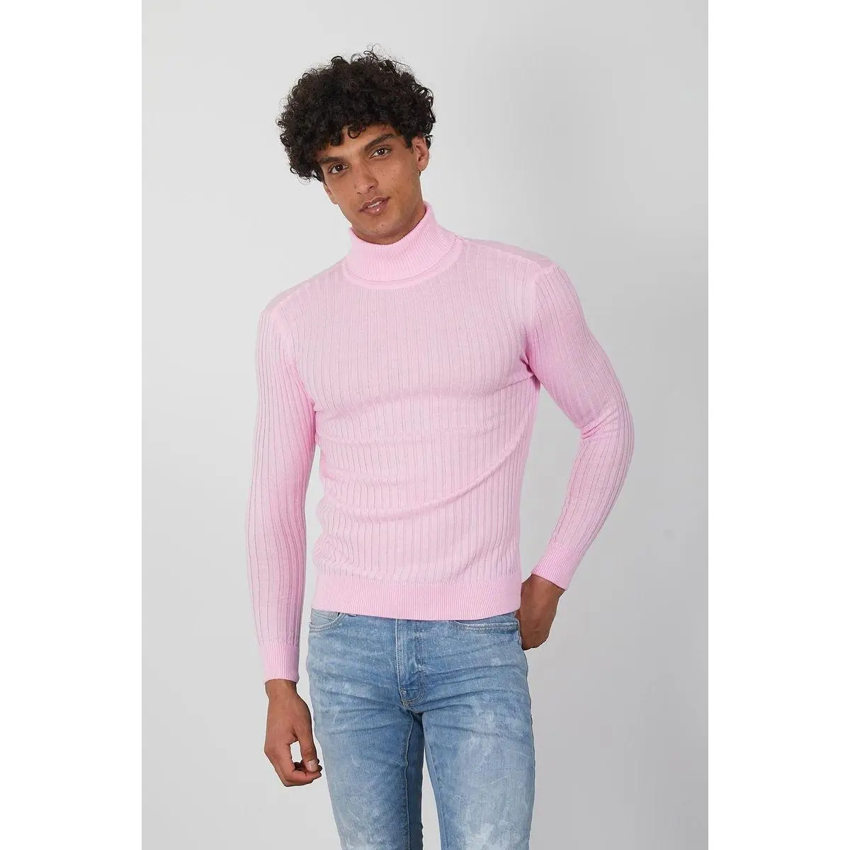 Men's Pink Turtleneck Sweater -Stylish Slim Fit Pullover