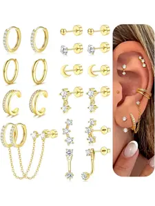 Gorgeous 10 Pairs Golden Brilliant Earrings Hypoallergenic 20G Surgical Stainless Steel Flat Back Stud Earrings for Women Men Dainty Stackable Earring Stacks Small Cartilage Earring Sets for Multiple Piercings