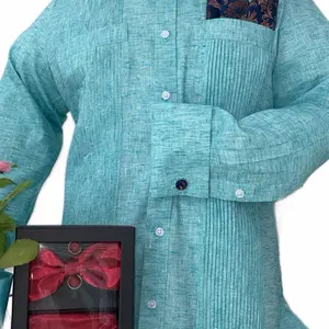 Venier Atelier Guayabera Chacabana Men's Blue linen Shirt with Red Bow Tie and Navy Blue Pocket Detail Tshirt