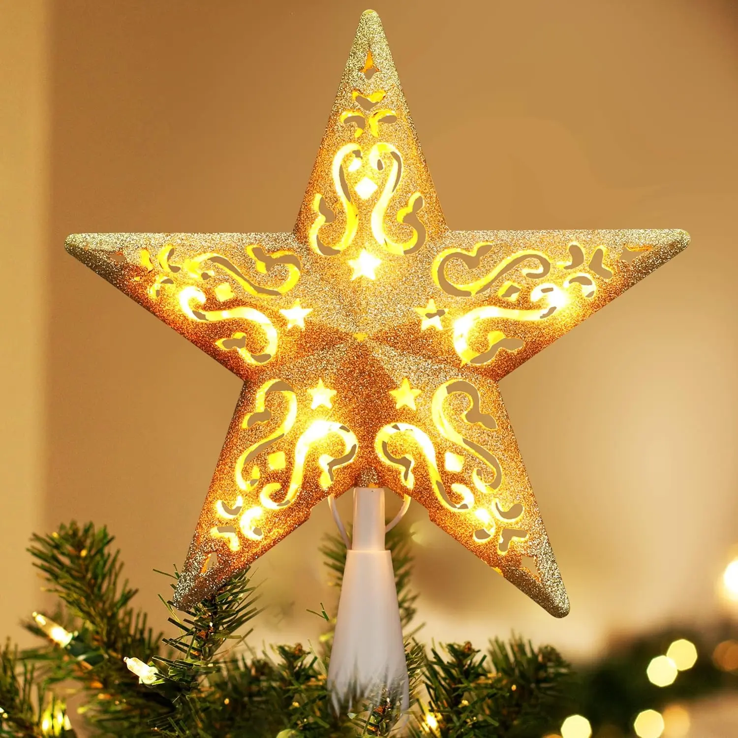 BrizLabs Christmas Tree Top Lights, 8” 10 Bulbs Gold Hollowed Warm White Xmas Topper Pentagram Lights, UL Certified Pre-lit Glittered 3D Star Treetop Christmas Light for Holiday Tree Decor
