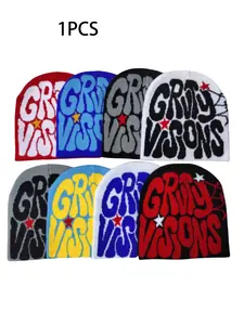 Men's Letter Spider Web Jacquard Knit Hat, Comfortable Halloween Hat Set, Fashion Warm Headwear for Fall & Winter Seasons