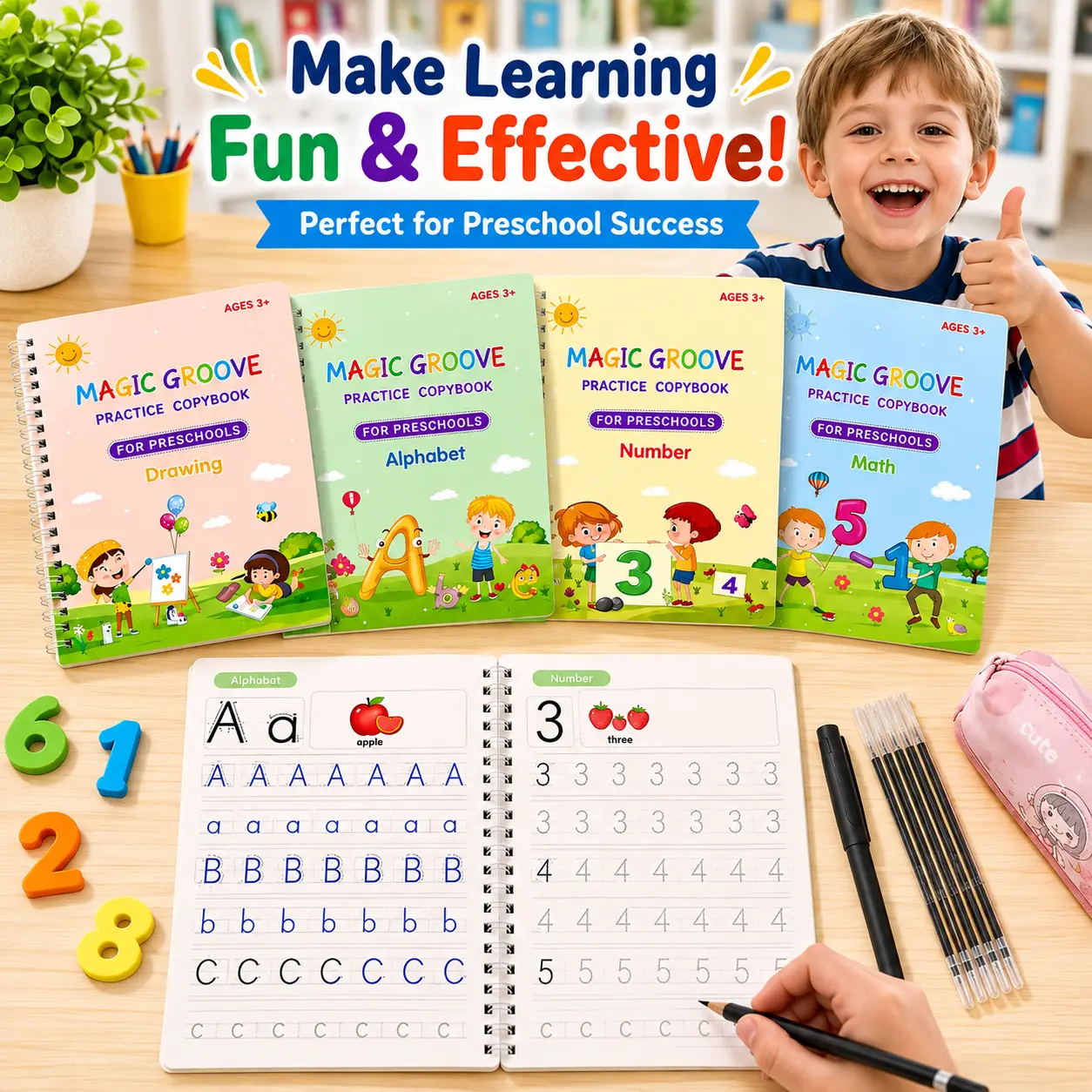 4 Pcs Reusable Grooved Handwriting Practice Books Magic Copybook with Disappearing Ink Pens Pencil Grips for Kids Age 3-8 Preschool Learning Activities