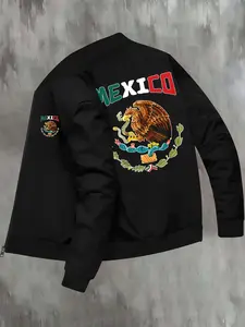 Men's Mexico Eagle Print Zip Up Jacket, Regular Fit Casual Fashion Long Sleeve Baseball Collar Outerwear for Daily Wear, Men's Clothes for Fall & Winter, Zippered Jacket, Coats