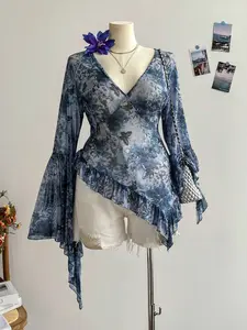 2026 New Women's V-Neck Butterfly Floral Print Sheer Mesh Lightweight Bell Sleeve Top, Retro Cool Zen Style, Casual Daily Wear, Sun Protection