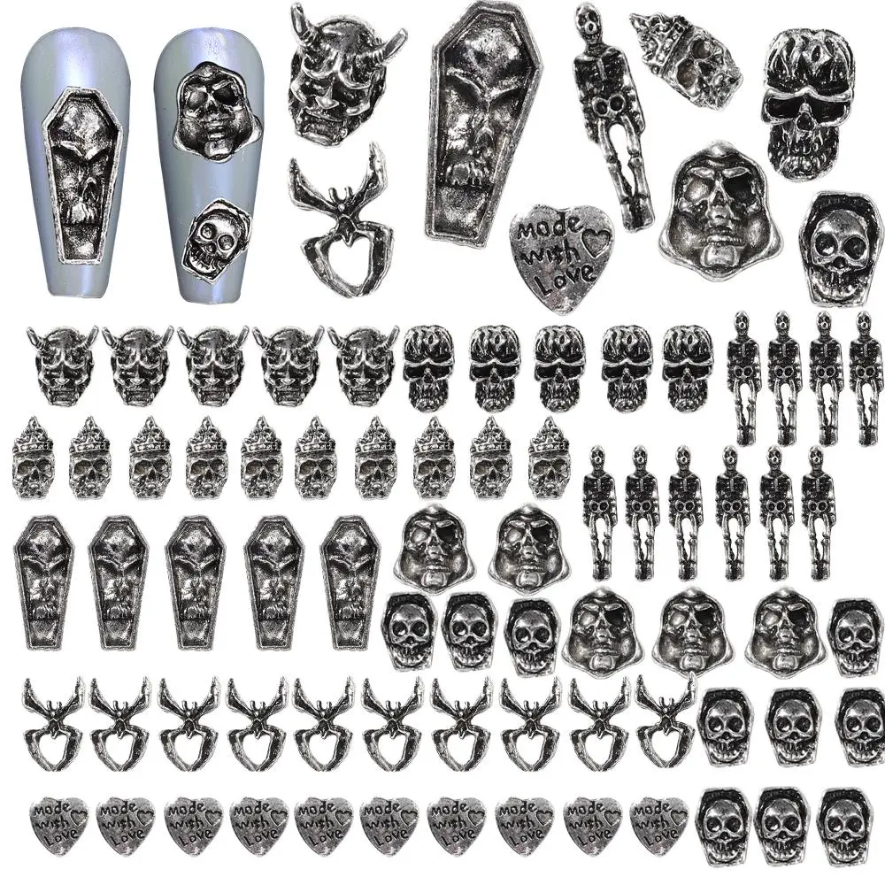 70Pcs Halloween Nail Art Charms 3D Gothic Skull Nail Charms Metal Silver Nail Rhinestones Nail Design Nail Gem Jewelry Vintage