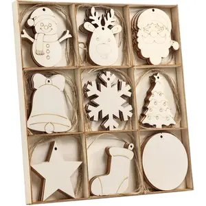 45 count Unfinished Paintable Blank Wooden Christmas Ornaments with Tray, 9 Designs DIY Predrilled  Ornaments for Crafts. Christmas Tree  Decorations Xmas Art Birthday  for
