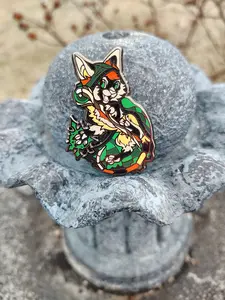 Nadair #16| Fursona Pin Nekomancer Lykoi Adopt- Magical Staff Cat / Orange Yellow Feline / Furry Sorcerer Creature/ Enamel pin