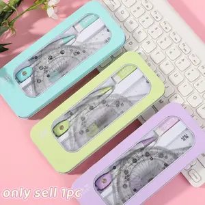 Three-Color Macaron Student Drawing Tool Set, Iron Box Storage Compass Ruler Triangle, Exam Painting Dual Use, Precise Durable School Supplies