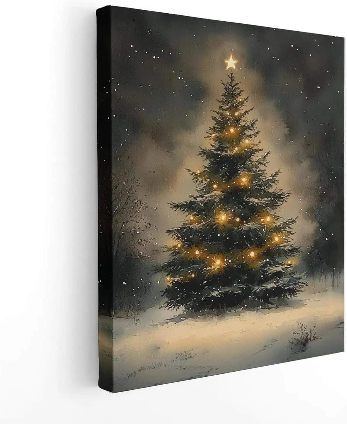 Moody Christmas Tree Canvas Wall Art – Vintage Holiday Winter Scene Painting with Glitter Evergreen, Rustic Xmas Decor for Home, Bedroom, or Living Room, Framed