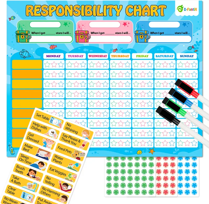 D-FantiX Magnetic Responsibility Chart, Chore Chart for Multiple Kids, My Star Reward Chart Daily Routine Good Behavior Charts Dry Erasable for Toddlers at Home