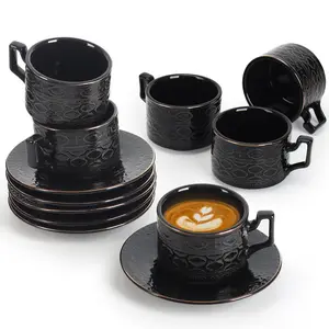 Ceramic Espresso Cups with Saucers, Small 3.2 oz Porcelain Demitasse Cups Set of 6, Stackable Cappuccino Coffee Mugs for Latte, Cocoa, Mocha, Tea, Housewarming Wedding Present, Dishwasher Safe (Black)