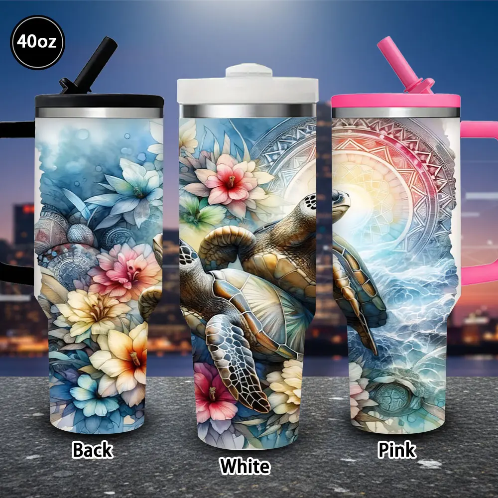 40 oz Leak-Proof Mystical Sea Turtle & Floral Pattern Tumbler with Lid and Straw, Winter Insulated Adults’ Travel Mug, Ideal Valentine’s Day/Birthday Gift, Iced/Hot Coffee Kitchen Drinkware Vacuum Flask, Easter, 40 Oz Tumbler