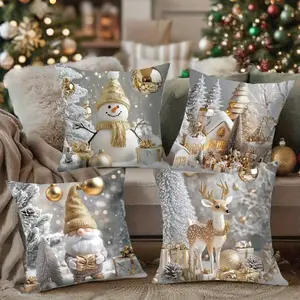 4-Piece Christmas Pillow Covers Set, Single-Sided Print Decorative Pillows, 45x45cm (17.72x17.72 Inch), Tree, Snowman, Reindeer, Santa Claus Design