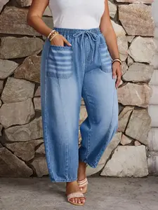 Plus Size Casual Vacation Drawstring Vintage Washed Denim Jeans