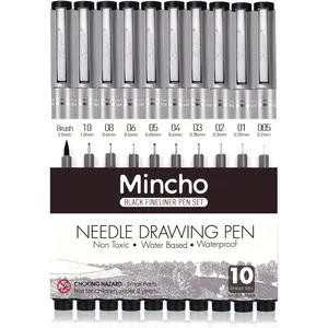 Set of 10 Black Micro-Pen Fineliner Ink Pens, Anti-Bleed & Waterproof Archival ink, Brush & Calligraphy Tip Nibs for Artist Illustration, Office Documents, Scrapbooking, Technical Drawing