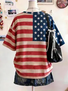 Sable x Lalippa Plus Size Women's American Flag Digital Print Casual Loose Fit Round Neck Long T-Shirt, Gift For Friends