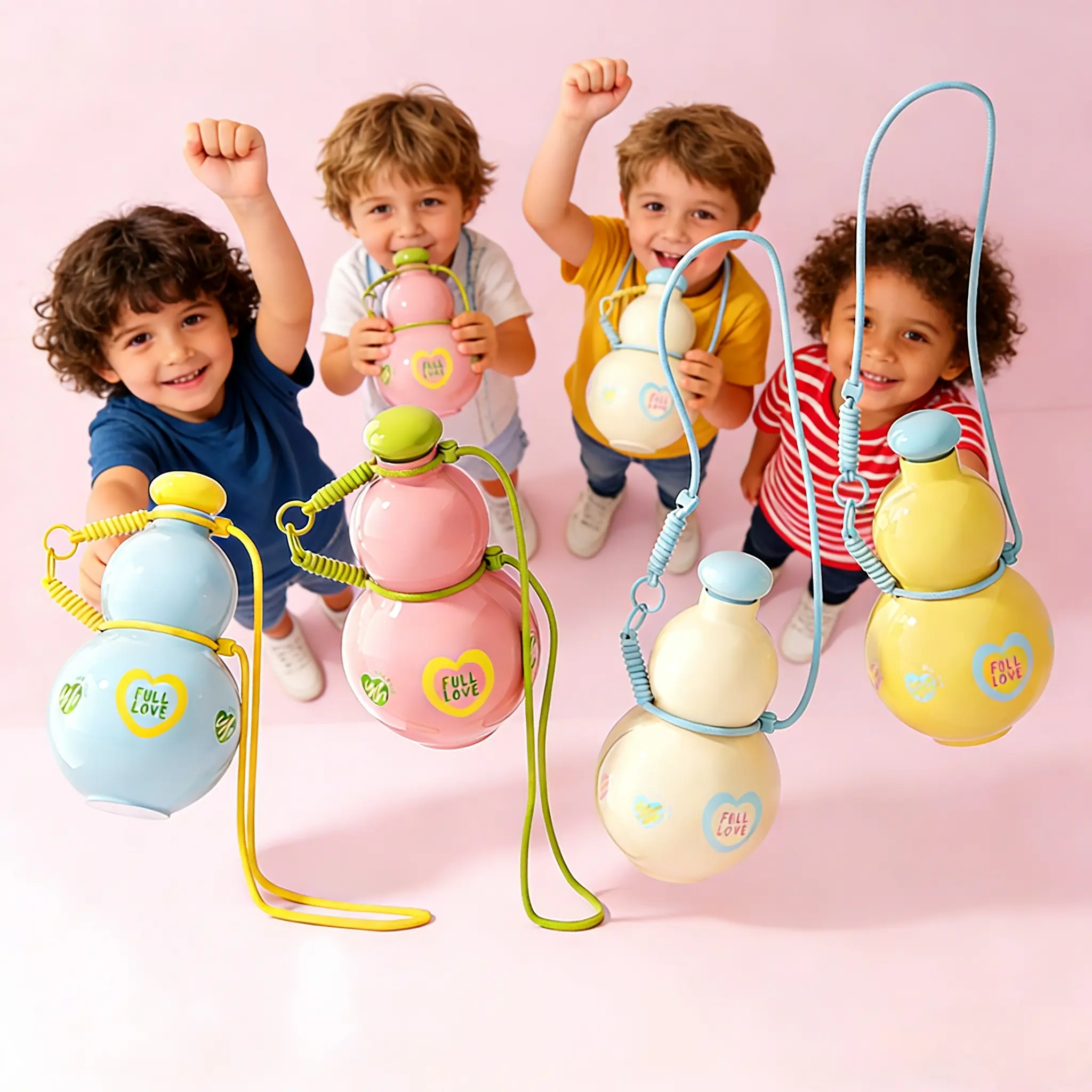 Reusable Gourd Tumbler - Large Capacity Portable Kids' Water Bottle with Big Belly Design, Colorful Patterns, Adjustable Straps, Cream White for School Home Use (Bathroom Tumbler Home Supplies)
