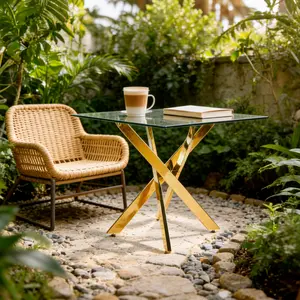 ARCH Dining Table with cross metal leg and tempered glass,Modern Space Saving Kitchen Table for Living Room,chrome legs,Square table,golden legs,90x90x75cm