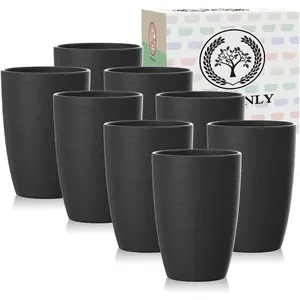Wheat Straw Cups 8 count Plastic Cups Unbreakable Drinking Cup  Dishwasher Safe Water Glasses with Black Colors (12 OZ)