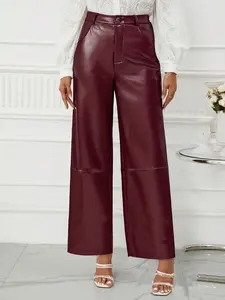 Women's Elegant Solid Color PU Leather Straight Leg Fitted Pants, Stylish Casual Wear, Comfortable and Durable, Perfect for Daily Use