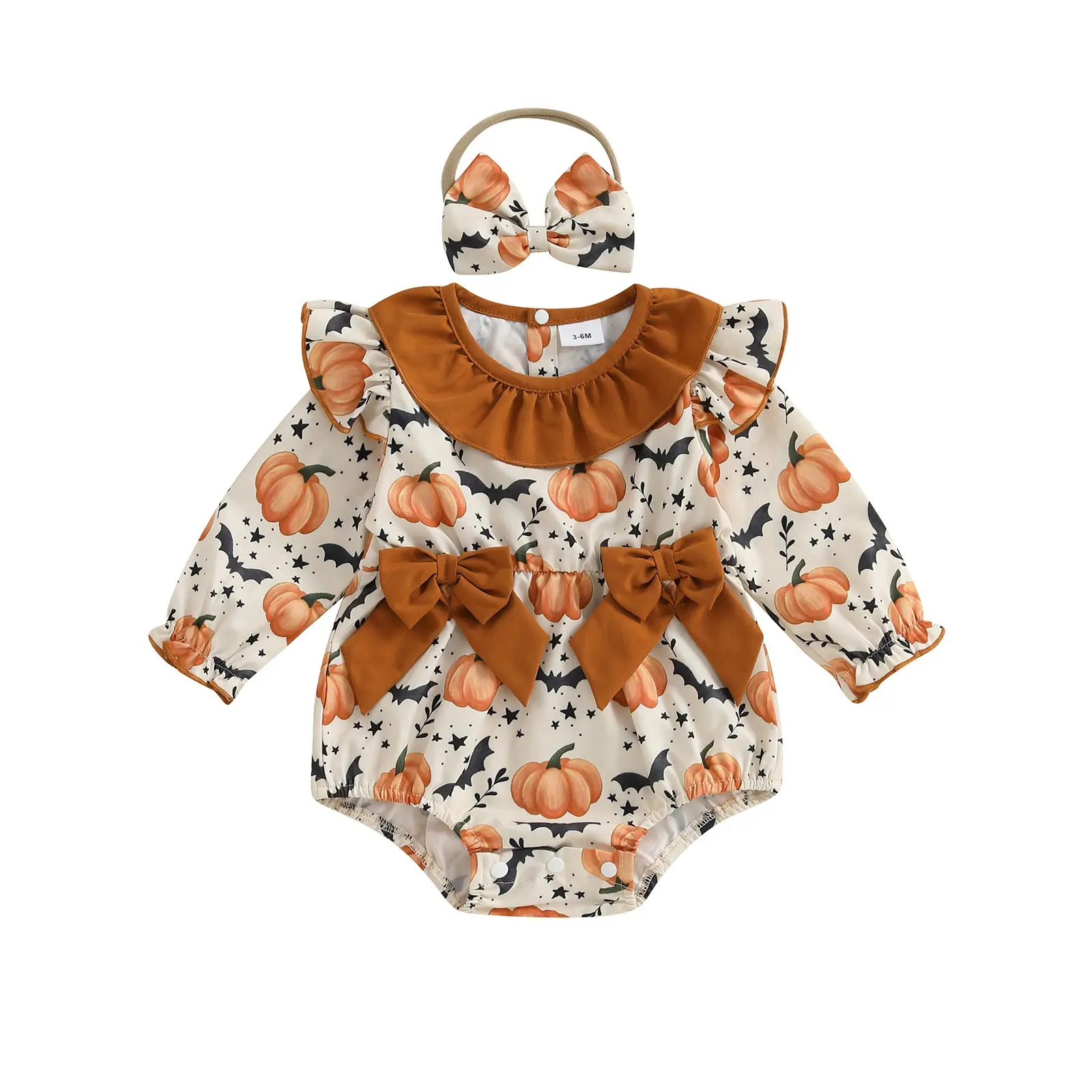 Baby Girls Halloween Romper Pumpkin Print Cute Bow Long Sleeve Jumpsuits and Cute Headband Set