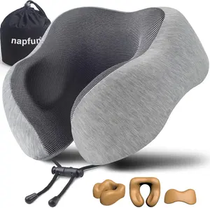 Napfun Neck Pillow for Traveling, Upgraded Travel Neck Pillow for Airplane 100% Pure Memory Foam Travel Pillow for Flight Headrest Sleep, Portable Plane Accessories, Light Grey NAPFUN