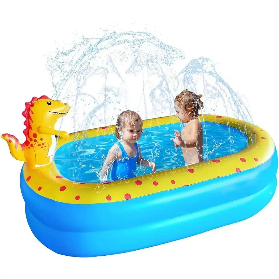 Family-Size Inflatable Kiddie Swimming Pool with Rainbow Sprinkler Jet, 67x41x32in Backyard Water Play Center, Summer Fun Gift for Multiple Kids, Water Park Playset