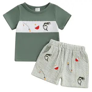 Toddler Baby Boy Summer Outfits Baby Boy Animal Fish Print Smocked Short Sleeves T-Shirt Plaid Shorts Set Infant Boy Fishing Clothes Set