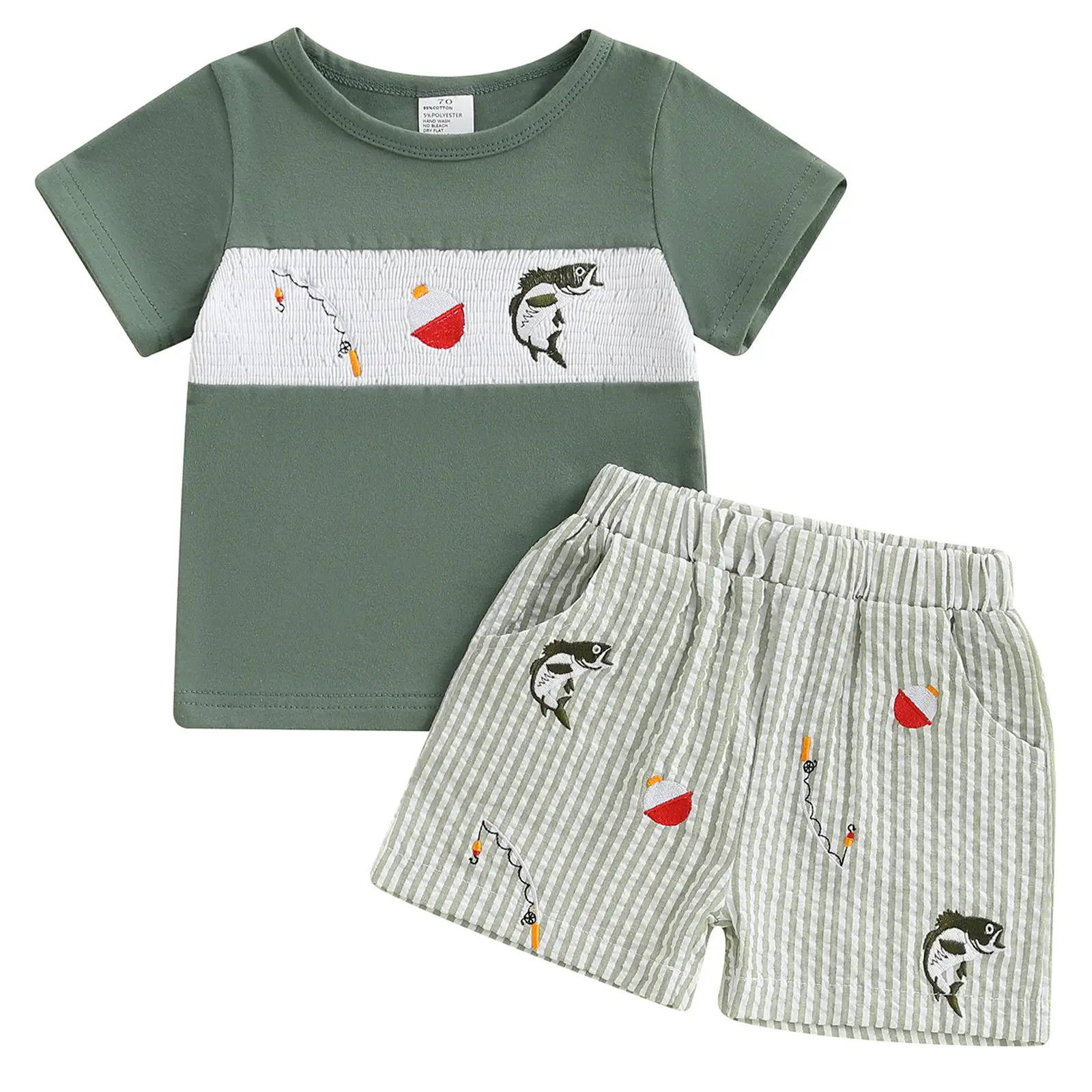 Toddler Baby Boy Summer Outfits Baby Boy Animal Fish Print Smocked Short Sleeves T-Shirt Plaid Shorts Set Infant Boy Fishing Clothes Set