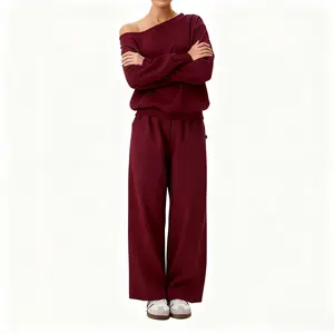 Women's Solid Color Two Piece Outfit, Sloping Shoulder Top & Wide Leg Pants Set, Casual Loungewear Tracksuit