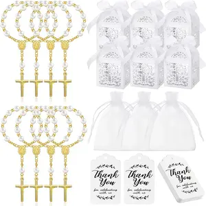 120pcs Baptism Shower Wedding First Communion Decoration Kit, Includes Mini Beads, Cross-Shaped Boxes, Gift Bags, Kraft Paper Labels