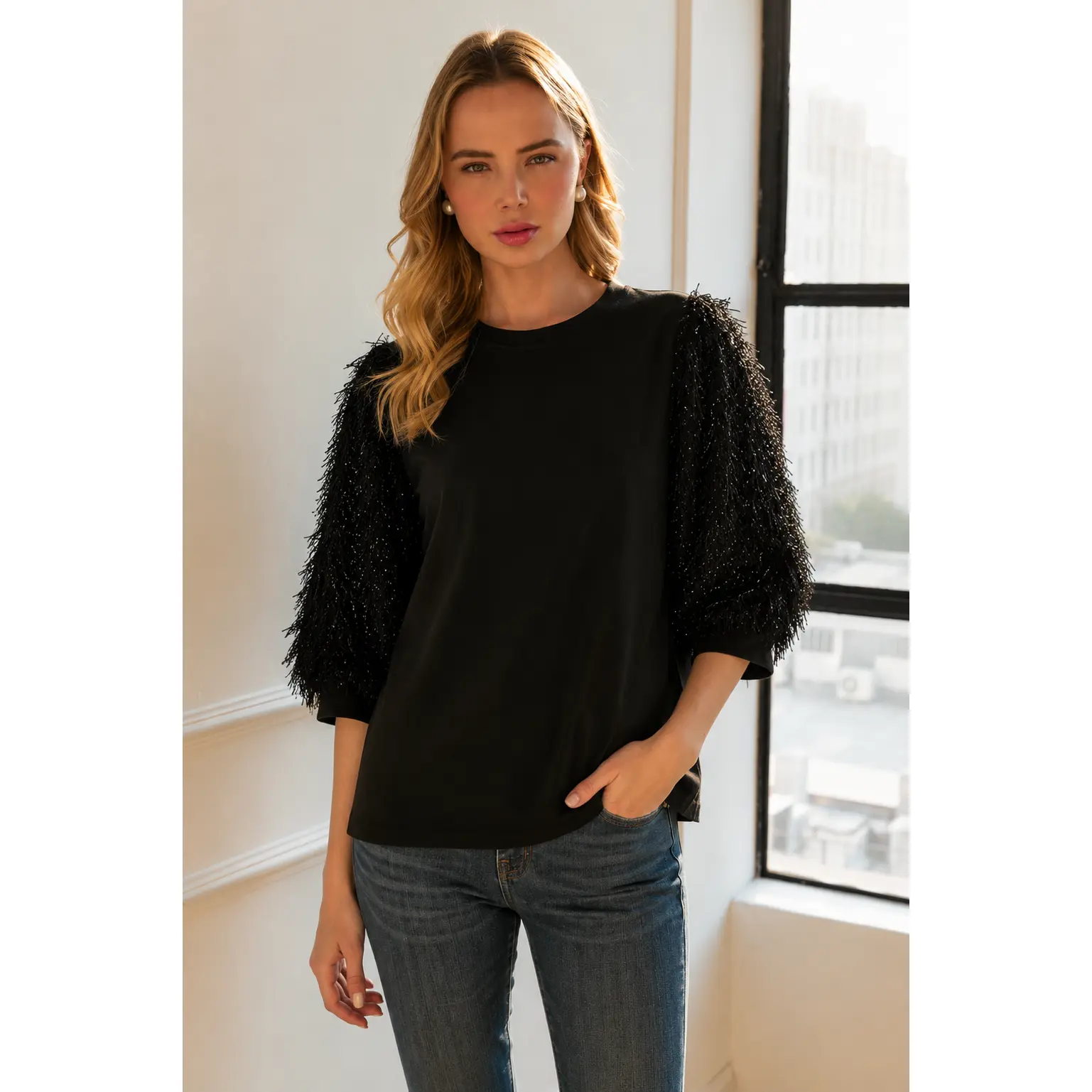 Abby Suede Top with Feathered Sleeves