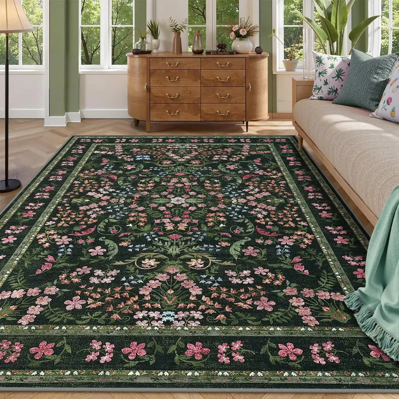 Garvee Washable Area Rug, 9x12 Boho Floral Soft Rugs for Living Room, Non Slip Low Pile Carpet for Bedroom, Dining Room, Nursery, Hallway, Green