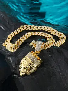 Men's Cuban Hip Hop Crown Lion Head Pendant Necklace, Unique Street Party Evening Jewelry, Stylish Accessory for Men