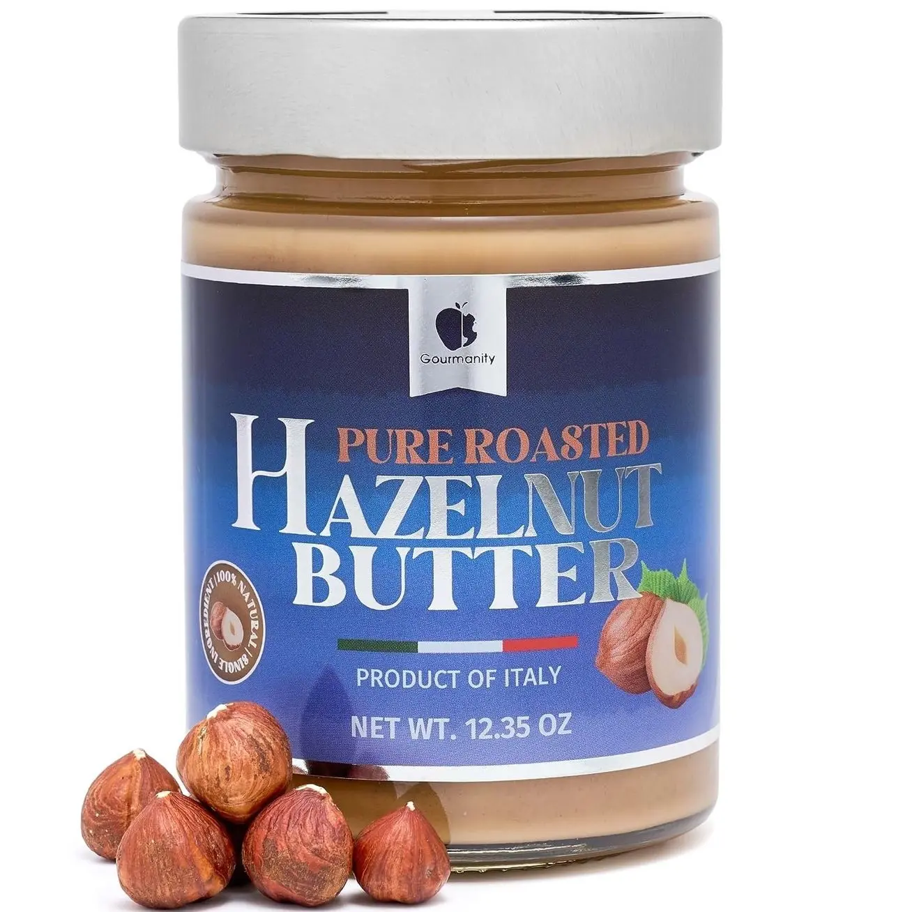 Gourmanity Hazelnut Butter, All Natural Creamy Richness, 1-Ingredient Hazelnut Cream from Italy, Keto and Paleo Friendly, Ideal for Baking and Spreading, Kosher, Halal (12.35oz)
