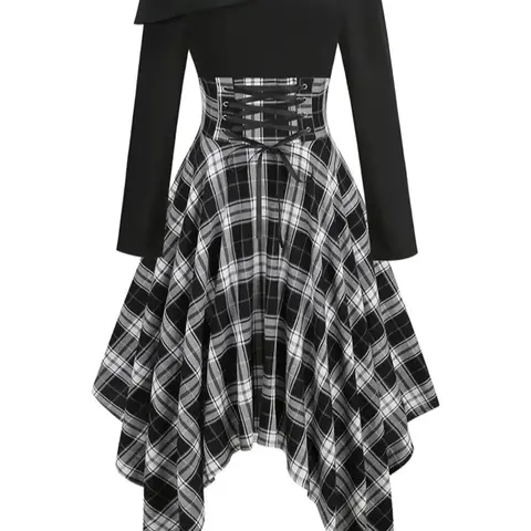 Women's Plaid Print Lace Up Asymmetrical Neck Dress, Elegant Classy Formal Long Sleeve Midi Dress for Spring & Fall, Women's Clothing for Daily Wear