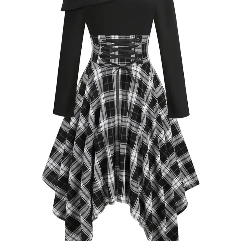 Women's Plaid Print Lace Up Asymmetrical Neck Dress, Elegant Classy Formal Long Sleeve Midi Dress for Spring & Fall, Women's Clothing for Daily Wear