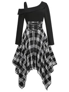 women's plaid print lace up asymmetrical neck dress, elegant classy long sleeve midi dress for spring & fall, women's chic clothing for daily wear