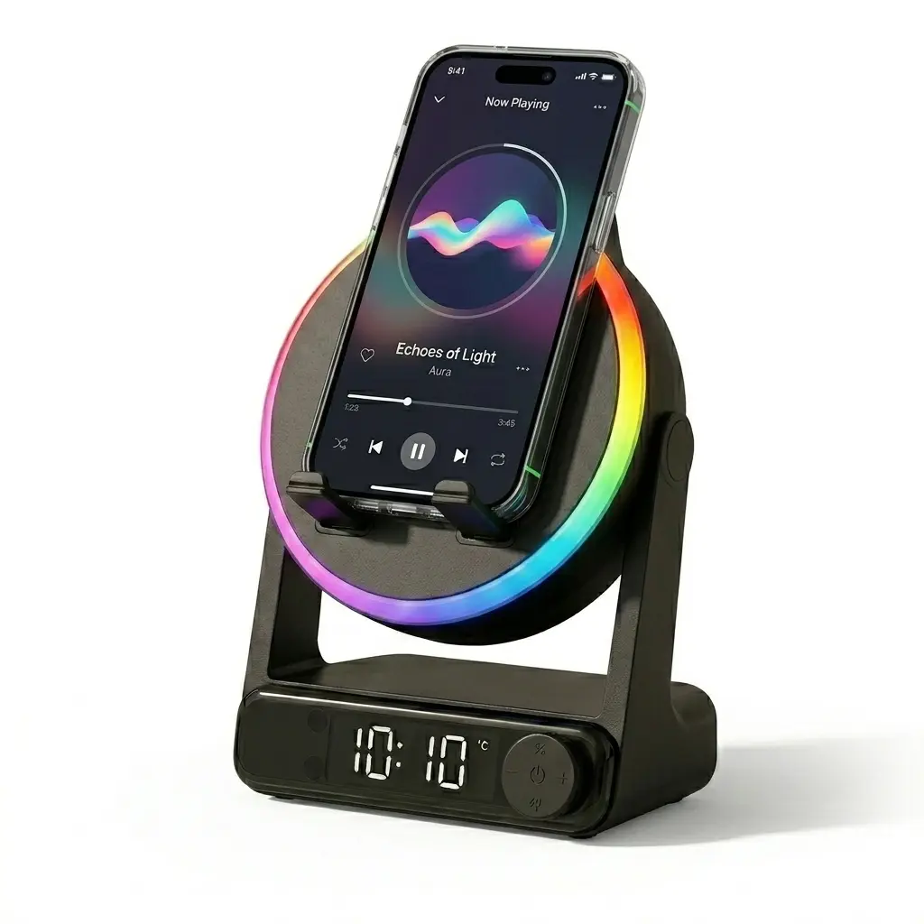 MFHHFM 5 in 1 Wireless Induction Speaker with Phone Stand, Bluetooth Speaker, Digital Alarm Clock, RGB LED Night Light, Stereo Sound Amplifier, 360° Adjustable Holder for iPhone, Android & iPad, Gifts for Men Women Teens