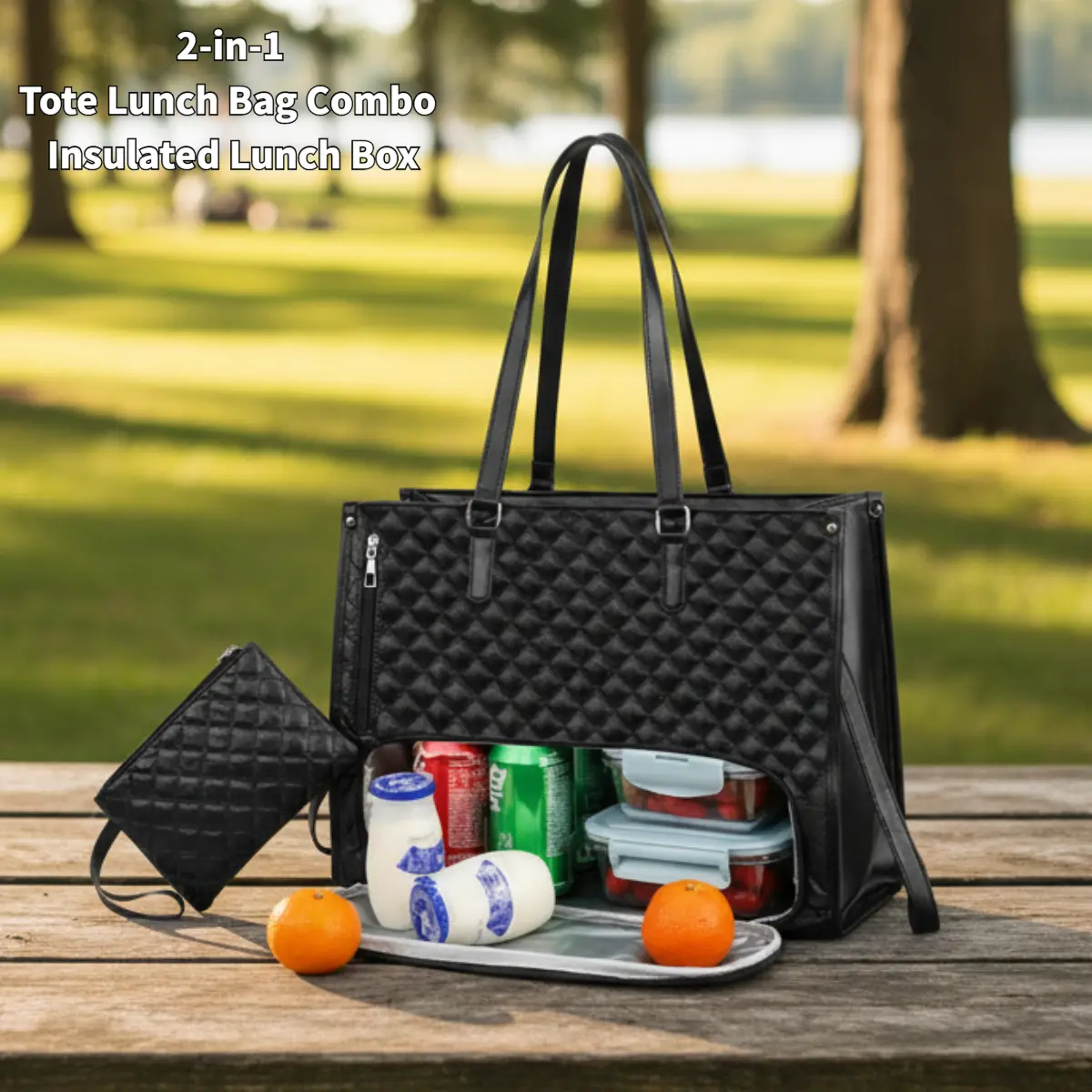 2-in-1 Insulated Lunch Tote Bag with Wallet for Women, Fits 15.6" Laptop, Large Capacity Quilted Work Bag for Office, Nurse, Teacher, Travel